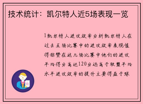 技术统计：凯尔特人近5场表现一览